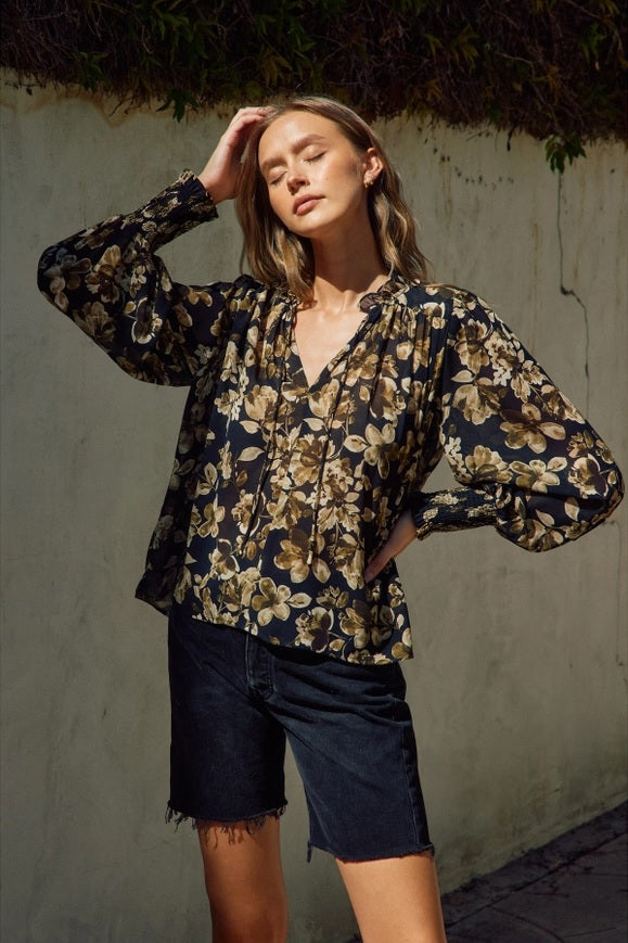 Midnight Ruffle Neck Top - Floral Print