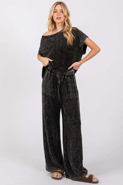 Mineral Wash Top And Pants Set - Black