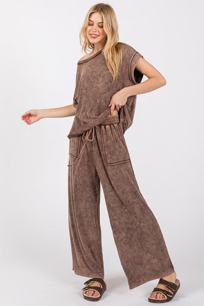 Mineral Wash Top And Pants Set - Brown