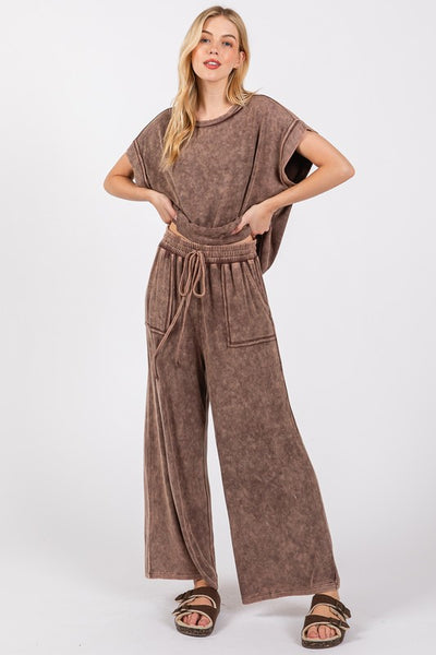 Mineral Wash Top And Pants Set - Brown