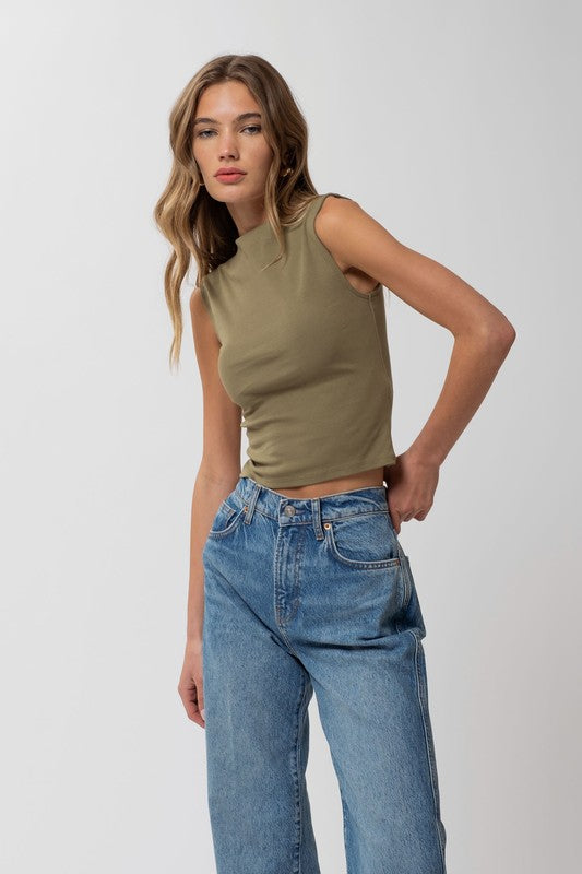 Mock Neck Cropped Knit Top - Olive