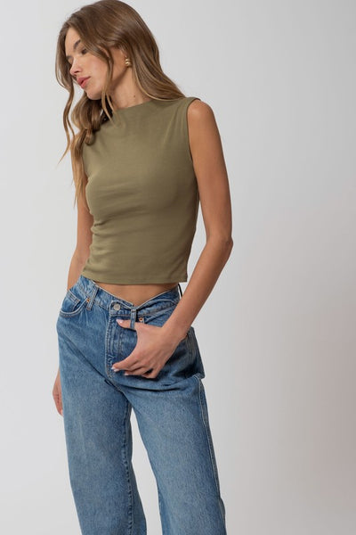 Mock Neck Cropped Knit Top - Olive