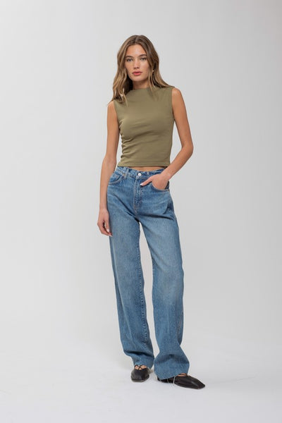 Mock Neck Cropped Knit Top - Olive