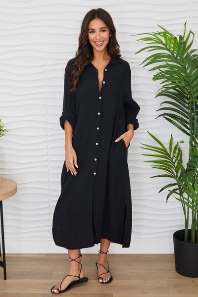 Monique Gauze Maxi Shirt Dress - Black