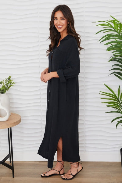 Monique Gauze Maxi Shirt Dress - Black