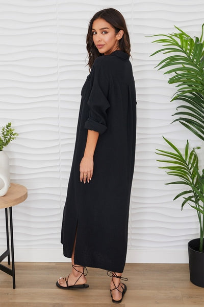 Monique Gauze Maxi Shirt Dress - Black
