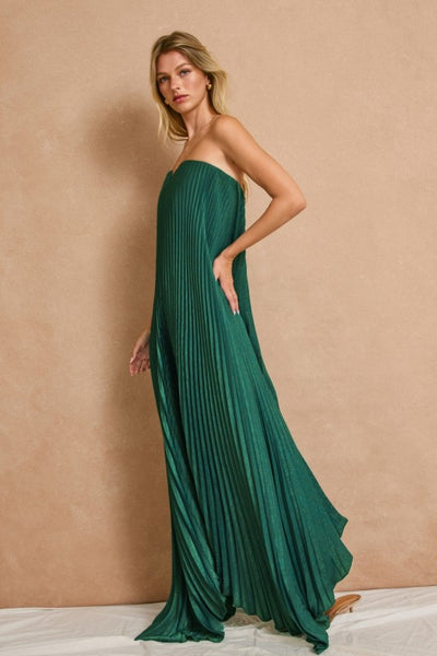 Moonlit Pleated Satin Maxi - Green