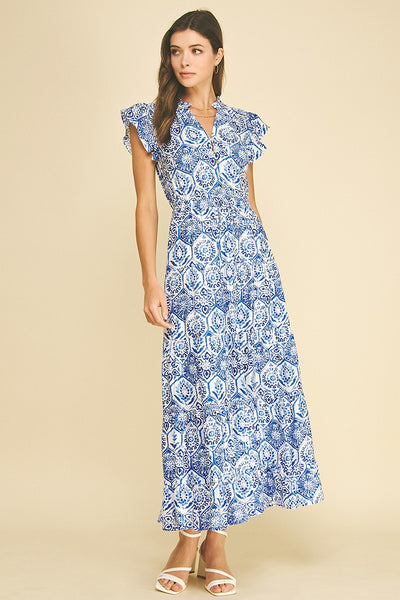 Mosaic Tile Print Maxi Dress - Blue