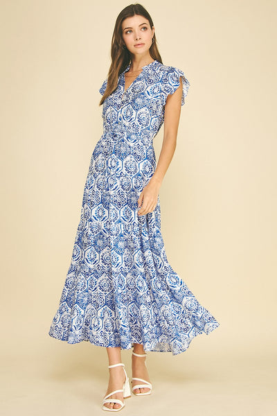 Mosaic Tile Print Maxi Dress - Blue