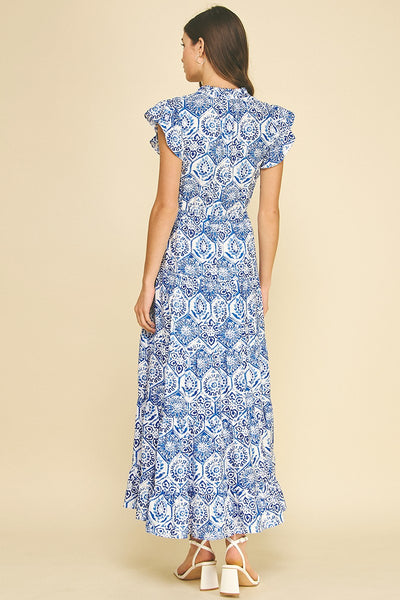 Mosaic Tile Print Maxi Dress - Blue