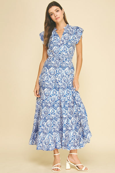 Mosaic Tile Print Maxi Dress - Blue