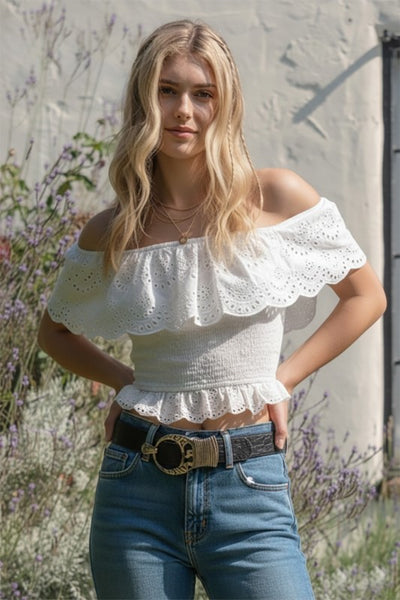 Off Shoulder Eyelet Crop Top - Ivory