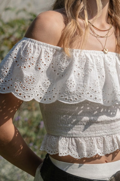 Off Shoulder Eyelet Crop Top - Ivory