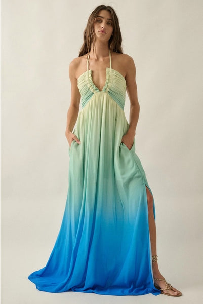Ombre Tie Back Halter Maxi - Blue