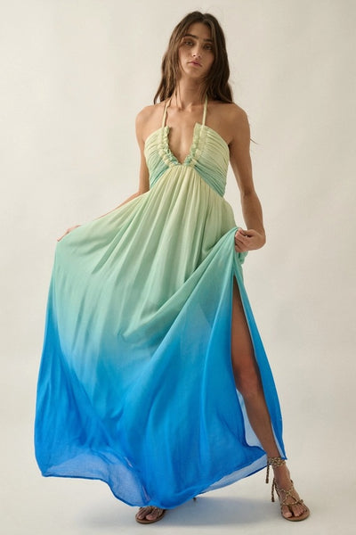 Ombre Tie Back Halter Maxi - Blue