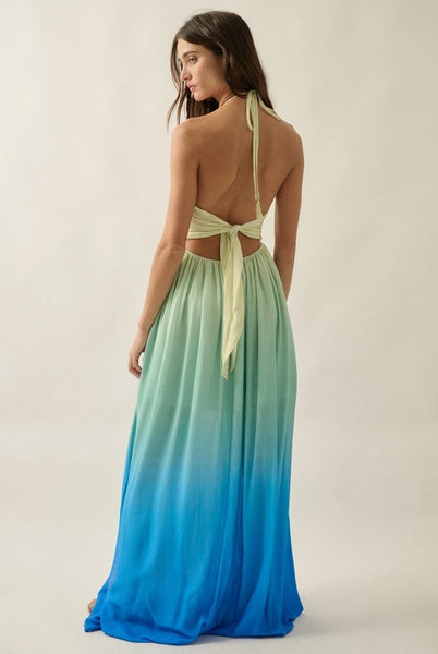 Ombre Tie Back Halter Maxi - Blue