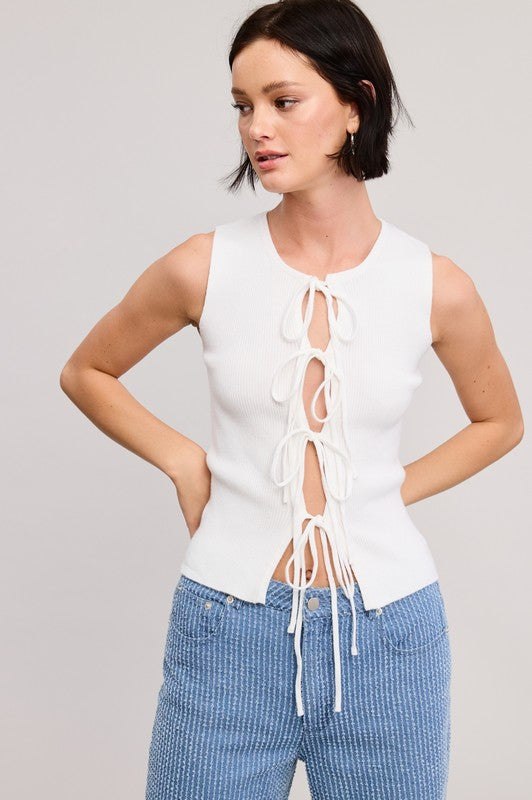 Open Front Ribbon Tie Tank - Ivory