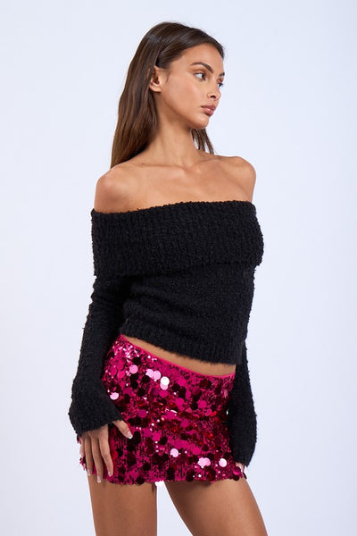 Overfold Off Shoulder Sweater - Black