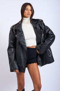 Oversized Faux Leather Jacket - Black