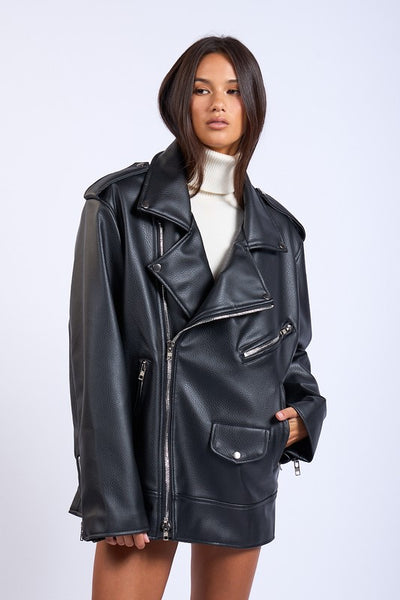 Oversized Faux Leather Jacket - Black