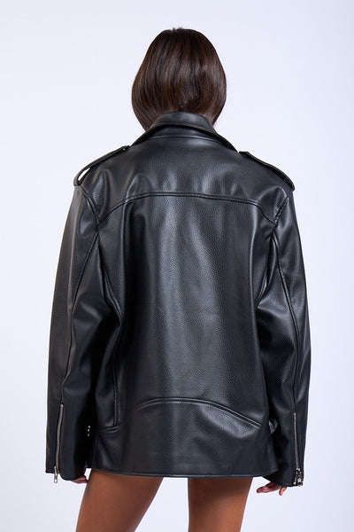 Oversized Faux Leather Jacket - Black