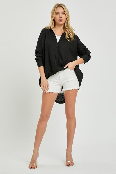 Oversized Popover Linen Shirt - Black
