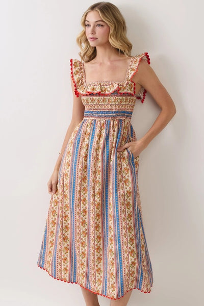 Paisely Stripe Smocked Midi - Cream