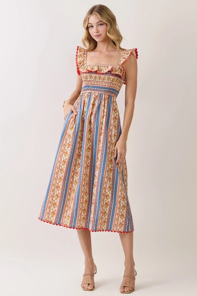 Paisely Stripe Smocked Midi - Cream
