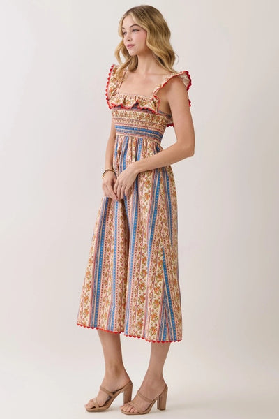 Paisely Stripe Smocked Midi - Cream