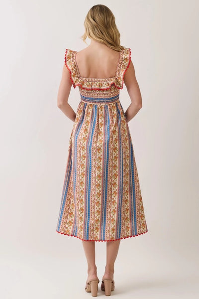 Paisely Stripe Smocked Midi - Cream