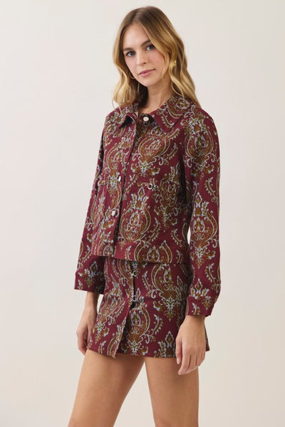 Paisley Hook Front Mini Skirt - Burgundy