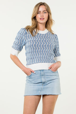 Pattern Knit Short Sleeve Top - Blue