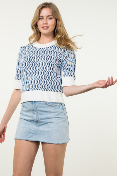 Pattern Knit Short Sleeve Top - Blue