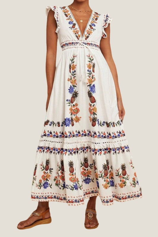 Pineapple Floral Print Dress - White