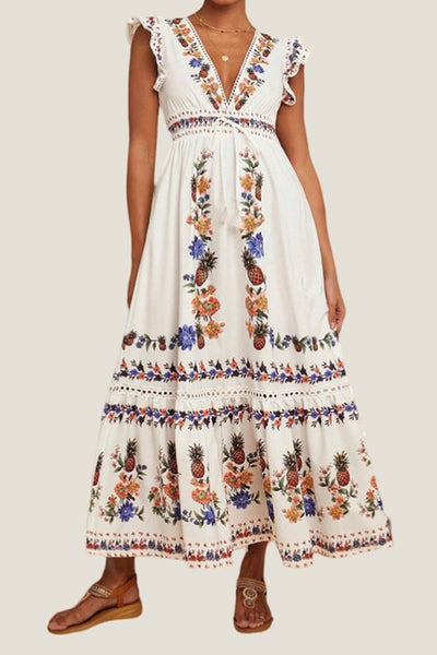 Pineapple Floral Print Dress - White