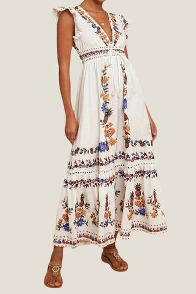 Pineapple Floral Print Dress - White
