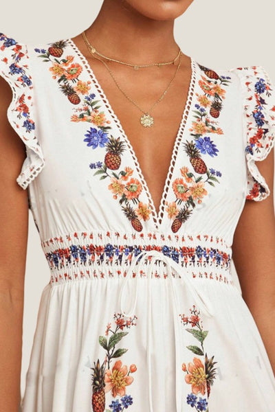 Pineapple Floral Print Dress - White