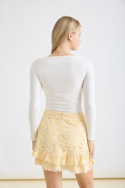Pintuck Boat Neck Ls Top - Ivory