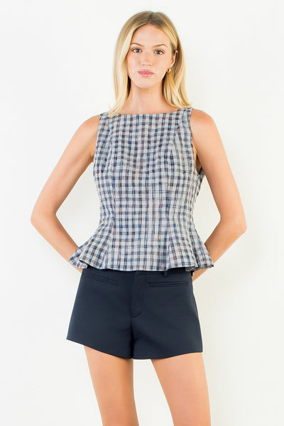 Plaid Short Sleeve Peplum Top - Navy