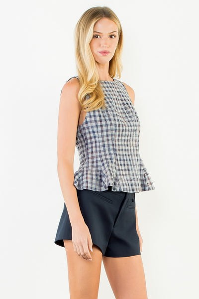 Plaid Short Sleeve Peplum Top - Navy