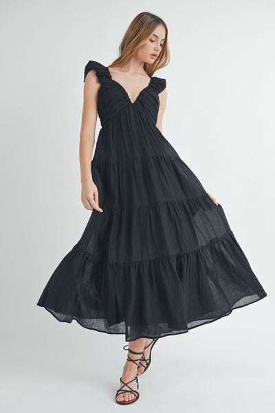 Pleated And Tiered Midi Dress - Black