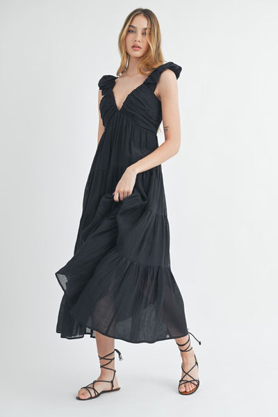 Pleated And Tiered Midi Dress - Black