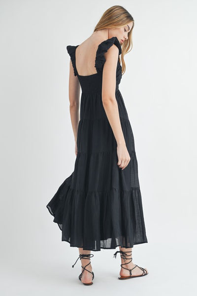 Pleated And Tiered Midi Dress - Black