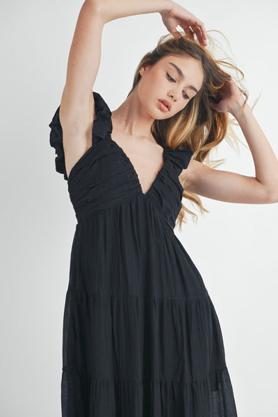 Pleated And Tiered Midi Dress - Black