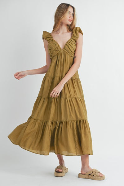 Pleated And Tiered Midi Dress - Green