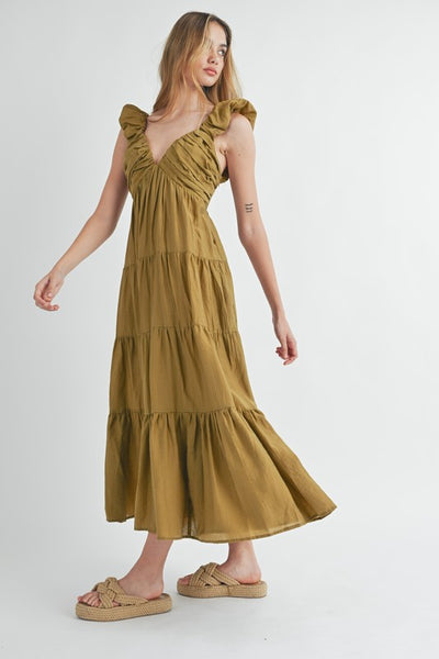 Pleated And Tiered Midi Dress - Green