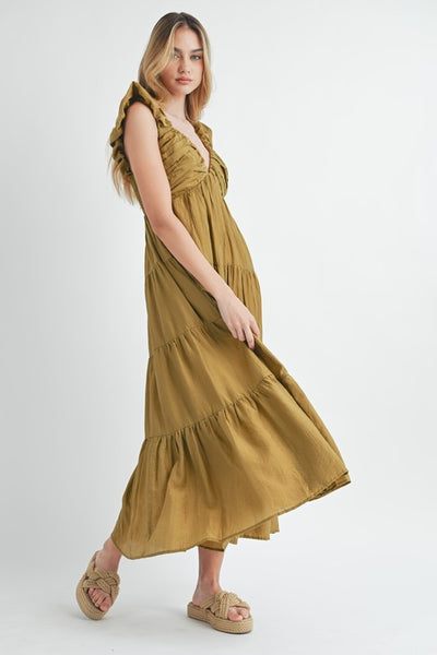 Pleated And Tiered Midi Dress - Green