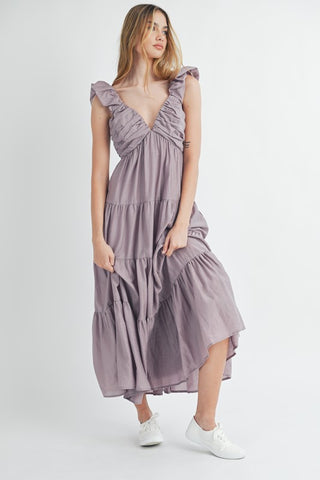 Pleated And Tiered Midi Dress - Purple