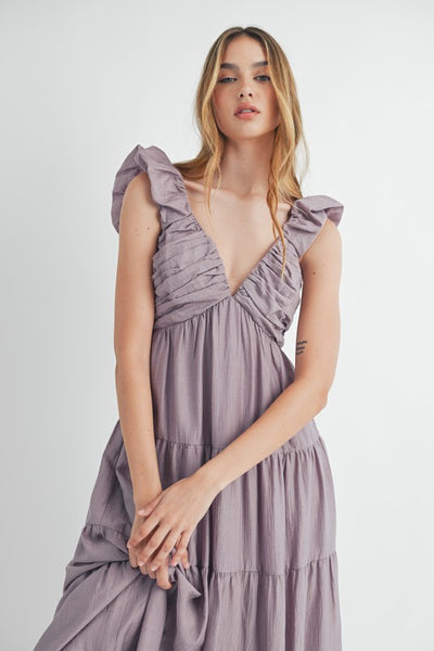 Pleated And Tiered Midi Dress - Purple