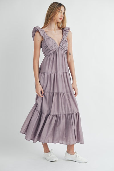 Pleated And Tiered Midi Dress - Purple